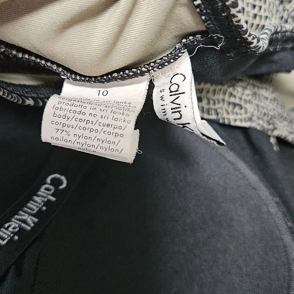 Calvin‎ Klein Black Beige Crocodile Print Ruched One Piece Swimsuit Size 10